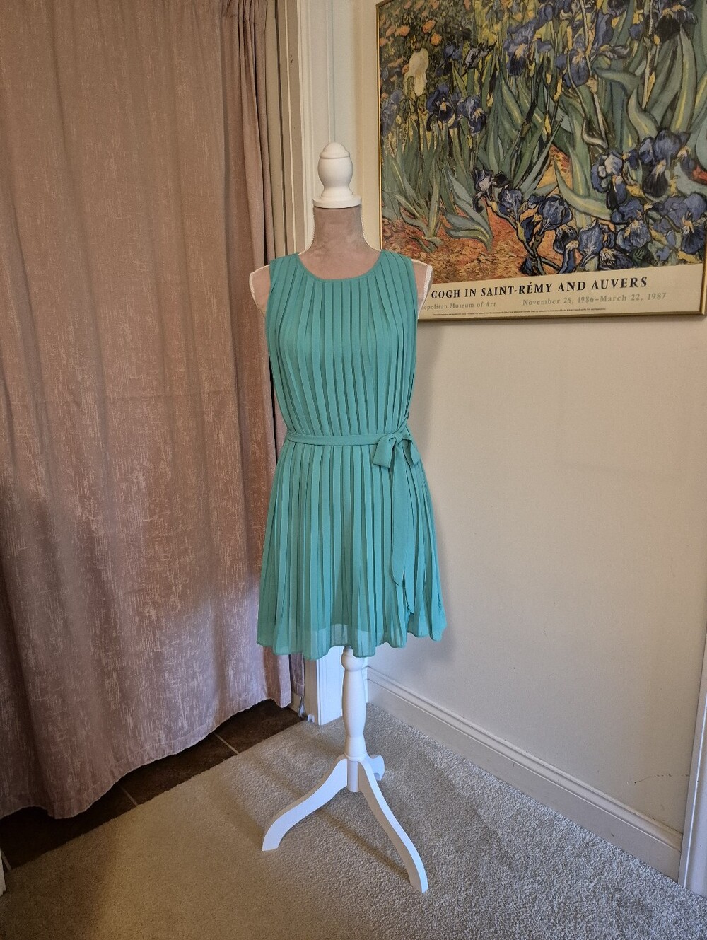 She Sky Sleeveless Pleated Teal Dress with Waist Tie Size Small, 70% Silk Shell